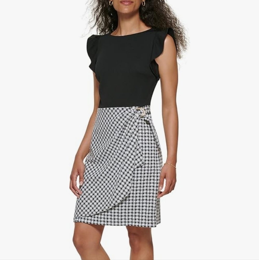 DKNY Flutter Sleeve Gingham Black & White Dress Size 6